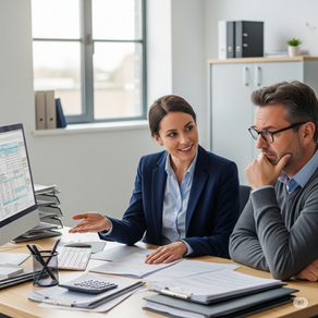 一位友善且專業的女性稅務官員,穿著筆挺的西裝外套和淺藍色襯衫,坐在現代化的木質辦公桌前,向一位困惑的男性納稅人解釋稅務文件。官員面帶微笑,用手指向桌上的文件。納稅人戴著眼鏡,皺著眉頭,手撐著下巴,顯得若有所思。桌上擺放著電腦螢幕,顯示著複雜的稅務表格,旁邊還有文件夾和計算機。辦公室背景明亮整潔。