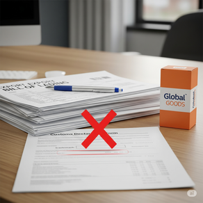 一疊整齊的出口文件(包括提單和報關單),上方放著一支筆,旁邊有一個小巧、清晰的產品包裝盒,上面印有品牌標誌。報關單上的「商標」空白處上方有一個紅色的「X」標記,象徵著錯誤的申報。整個場景簡潔且具辦公室風格