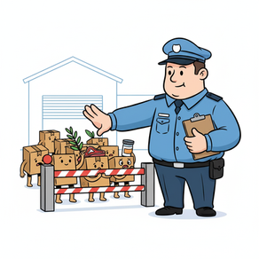 一張幽默、可親的 2D 卡通插圖，主題是一位穿著制服、友好但嚴肅的海關官員，正站在一個入口閘門前。官員手中拿著一份檢查清單。排隊等候通關的是擬人化的紙箱包裹，其中一些包裹（代表違禁品，如帶葉子的樹枝、生肉紙箱、藥瓶）正被官員用手勢阻止通過閘門，展現海關的「守門員」角色。