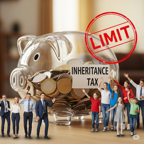 一個貼有「遺產稅」標籤的透明小豬撲滿,成年人退到一旁,而孩子們(孫輩)則走向前,但他們身上有一個紅色的「限制」圖章。