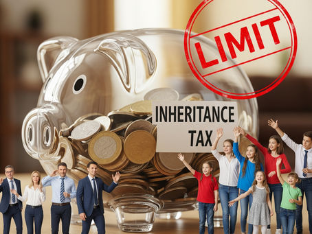 一個貼有「遺產稅」標籤的透明小豬撲滿,成年人退到一旁,而孩子們(孫輩)則走向前,但他們身上有一個紅色的「限制」圖章。