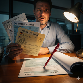 一位面露困惑的企業主,手持一疊股利單,其中一份顯示外國國旗圖案。他面前的桌上攤開著一張稅務申報表,一支紅筆正指向一個空白欄位,戲劇化的燈光聚焦在文件上,營造出緊張而充滿疑問的氛圍。