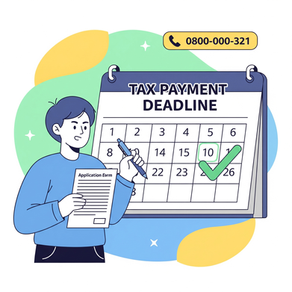 插圖描繪一名男子手持文件與筆,站在大型月曆前,月曆標示「繳稅期限」,並在其中一個日期上顯示綠色勾號。圖中包含一個電話圖標,號碼為「0800-000-321」,代表可獲得協助。背景明亮且充滿正向氛圍。