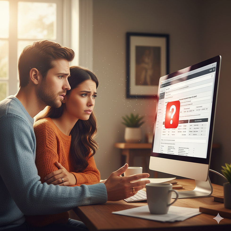 一張溫馨的辦公桌照片。一對新婚夫婦(戴著婚戒)坐在一起,困惑地看著筆記型電腦上的所得稅申報表格。螢幕上方有一個大大的紅色問號。圖片捕捉了夫妻因合併申報而對資料是否完整的疑問和不確定感。