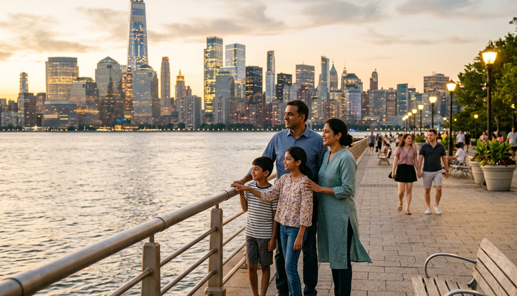 Wide-angle view of a family looking at a city skyline from a public walkway.