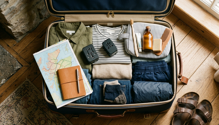 Overhead view of a suitcase packed with casual clothes and travel essentials.