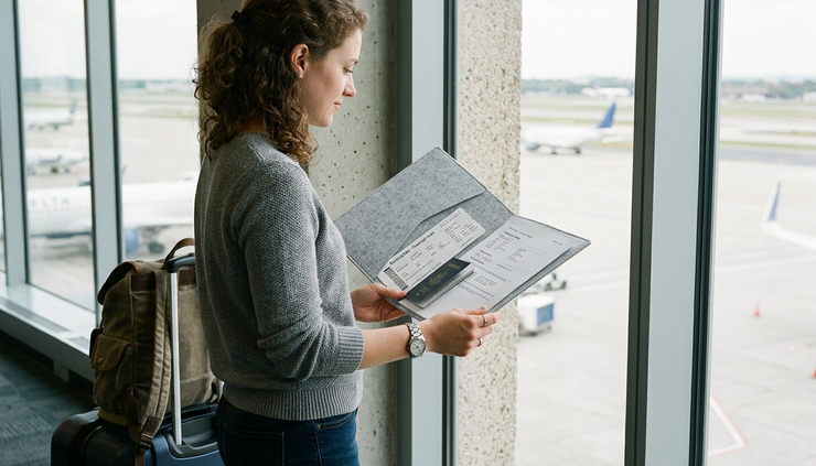 Eye-level view of a traveller holding a folder of neatly arranged trip documents.