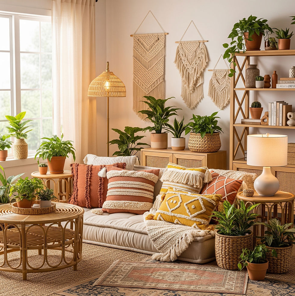 Eye-level view of a stylishly decorated living room with soft lighting