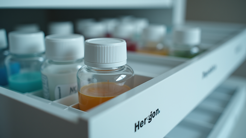 Close-up view of a neatly organized medicine box with labeled compartments