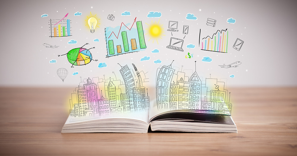 Der Artikel heißt: Warum ich nichts von New-Work-Seminaren halte. Das Bild zeigt ein aufgeklapptes Buch mit bunten Grafiken und einer Stadt die empor springen.