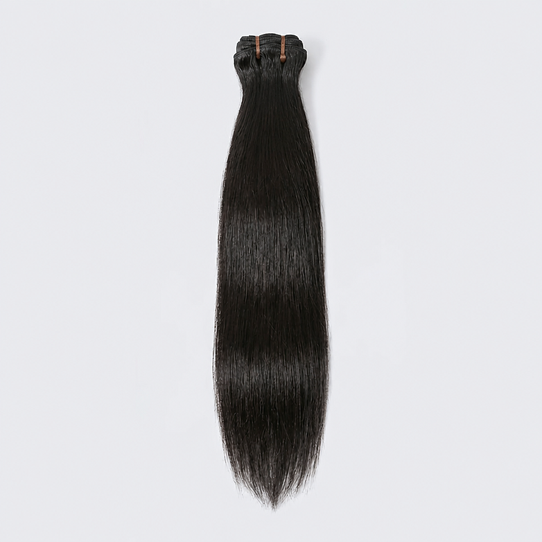 Close-up of sleek, raw Vietnamese straight human hair bundles showing a natural dark brown color and silky texture.