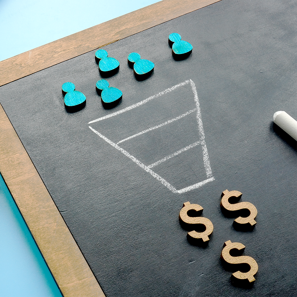 Marketing sales funnel on the blackboard and figurines.