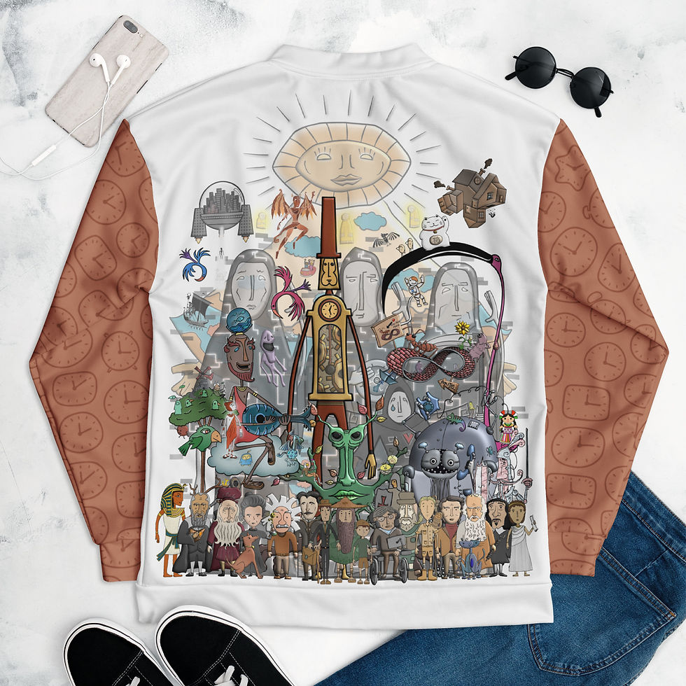 Thumbnail: Mr. Pendlum's Compendium Unisex Bomber Jacket-Wonky Clocks Sleeves