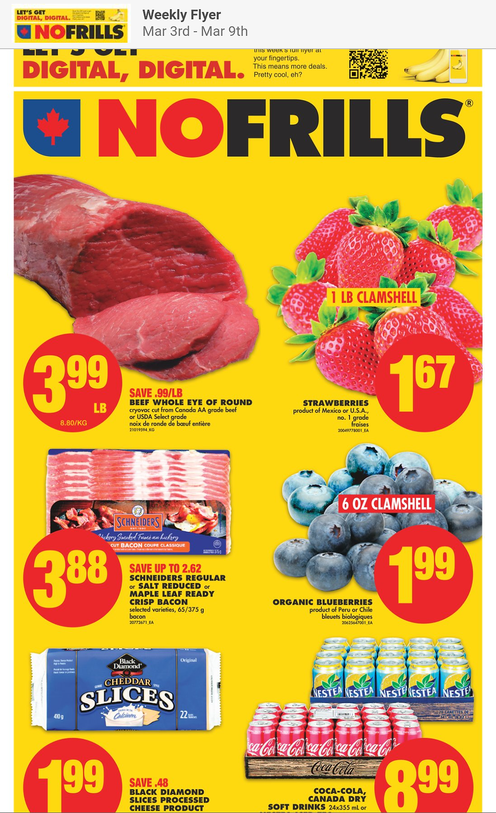 A flyer showing the current price of meat.