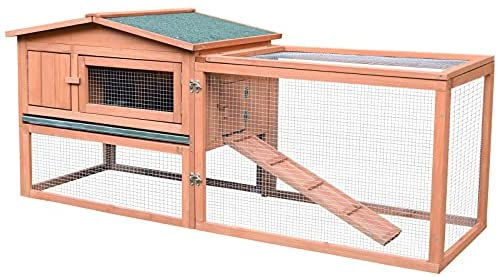Indoor or outdoor rabbit hutch with a hiding home on the second level.