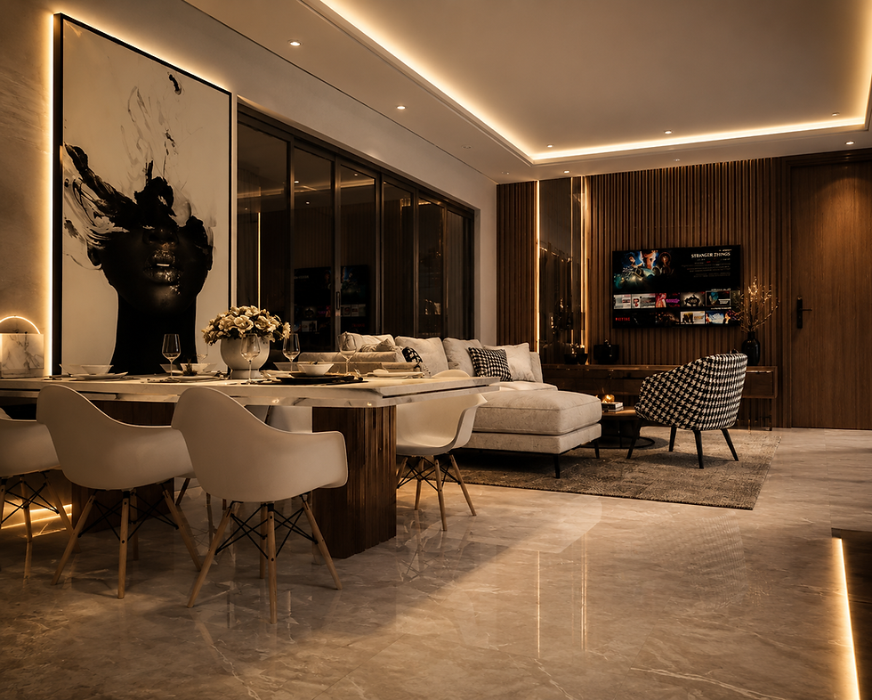 Modern living room in NCR Luxury Projects with warm lighting.