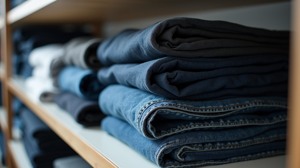 Eye-level view of neatly folded jeans and basic tees on a shelf