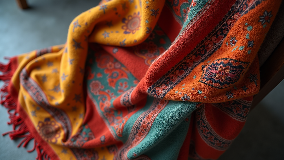 High angle view of a colorful shawl draped over a chair
