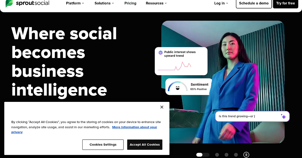 Screenshot of the Sprout Social homepage, illustrating a leading social media management platform mentioned in the article.