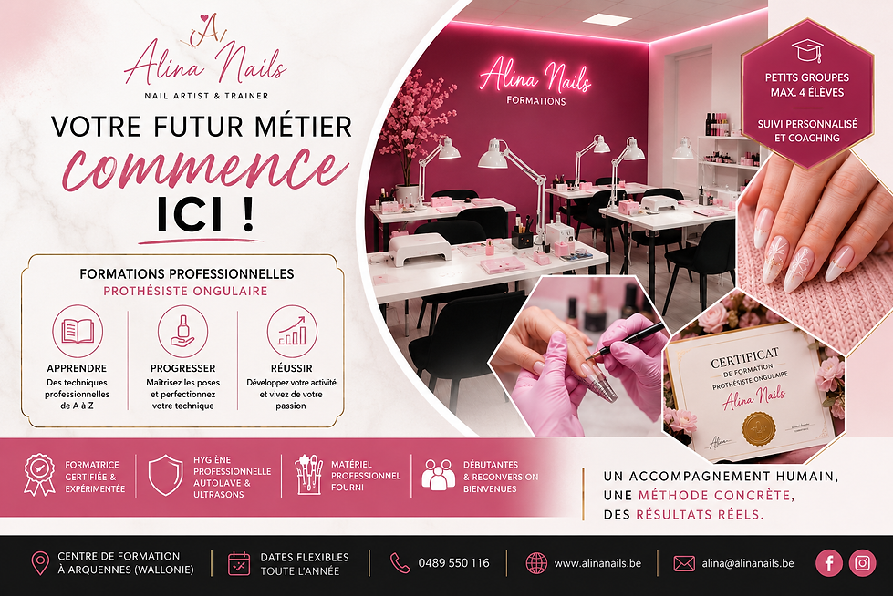 Formation prothésiste ongulaire professionnelle chez Alina Nails en Wallonie – formations débutante, perfectionnement, individuelles et en groupe avec pratique intensive