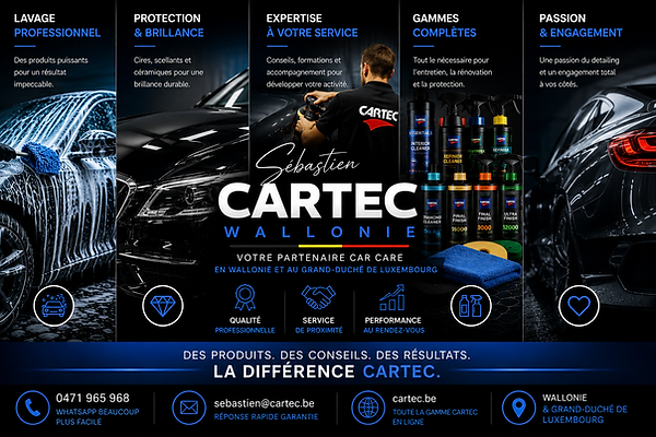Produits de nettoyage professionnels Cartec pour garages, carrosseries, detailing et stations de lavage en Wallonie et au Grand-Duché de Luxembourg.