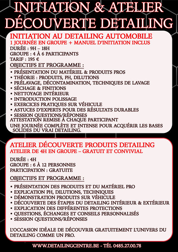 "Affiche des formations de groupe Detailing Centre : initiation au detailing automobile et atelier découverte produits detailing à Manage"
