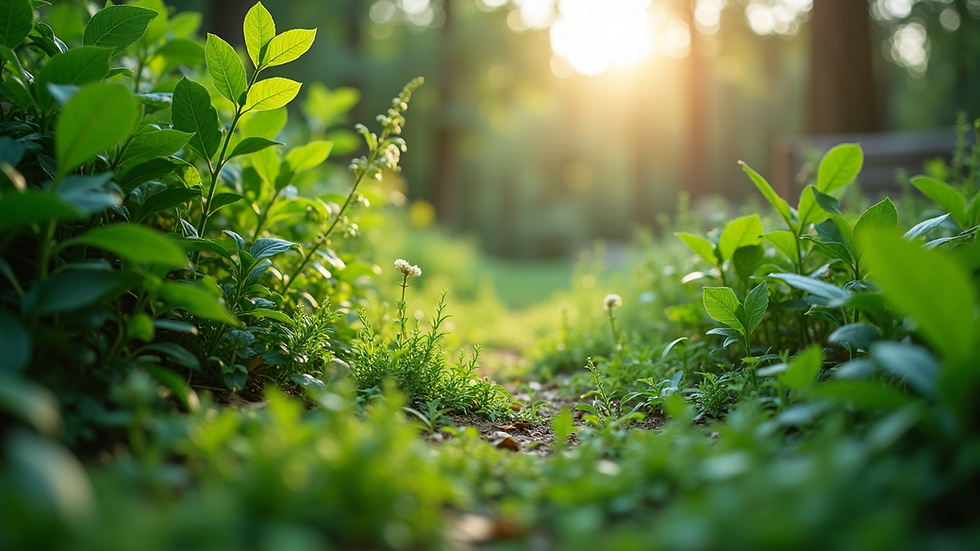 Eye-level view of a lush green garden with diverse plants