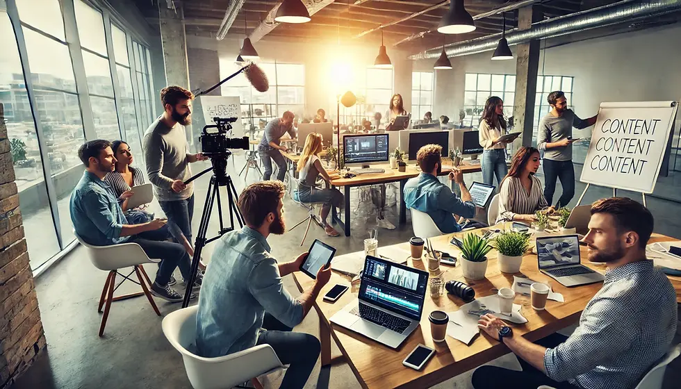 Startup team collaborating on content creation in a modern office, emphasising the importance of early investment in quality content.