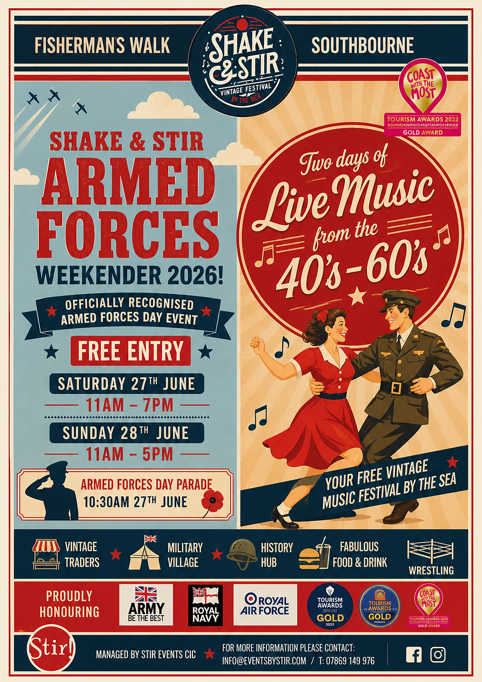 Retro poster for Shake & Stir Armed Forces Weekender 2026 in Southbourne, with live music, dancers, and free entry.