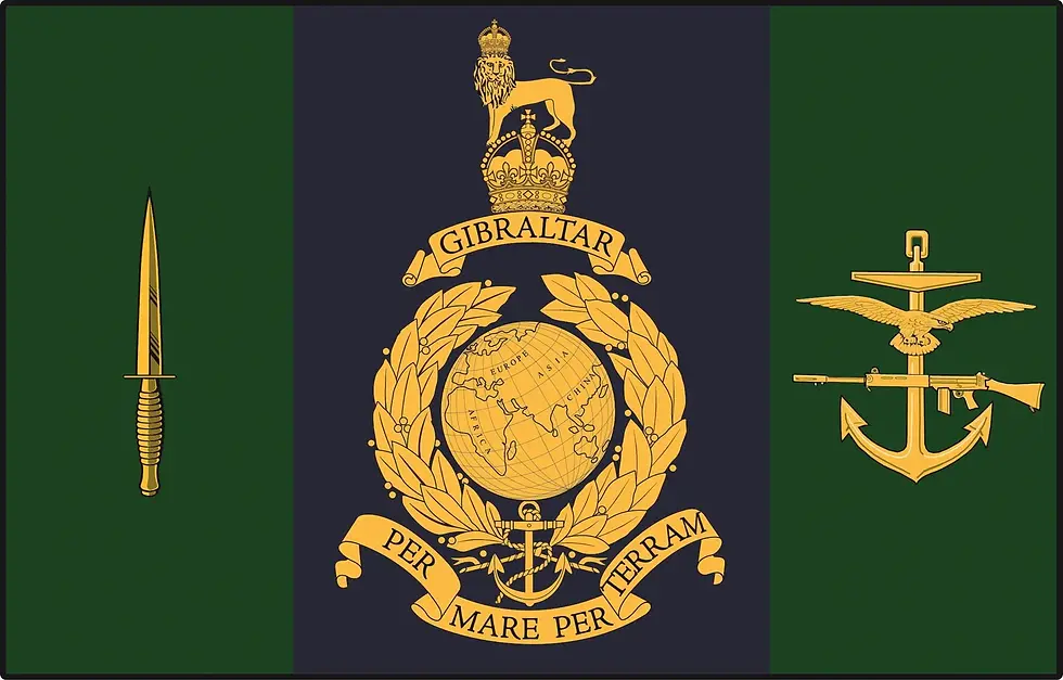 New Flag of HQ Commando Force
Gibraltar flag with a gold emblem, sword and anchor on green and navy stripes, featuring the motto Per Mare Per Terram.