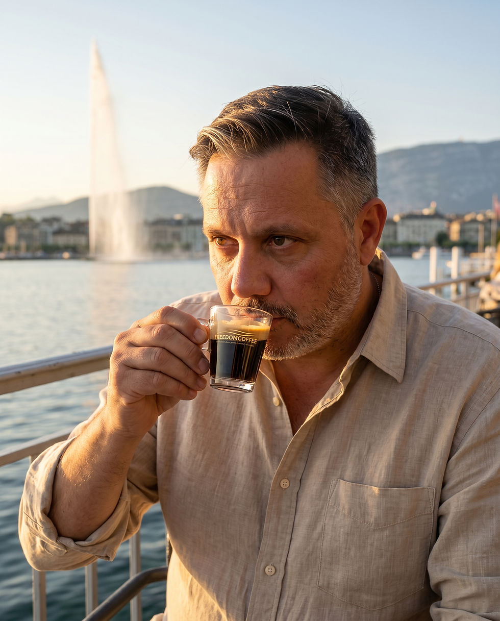 Tony Sedita dégustant un café FREEDOMCOFFEE® à Genève