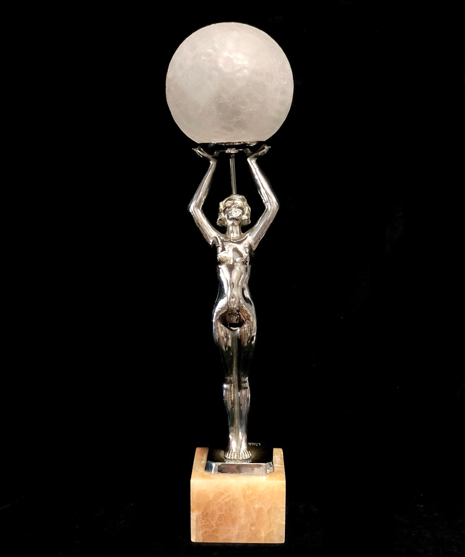 Art Deco Chrome Figural lamp with frosted glass globe signed Limousin