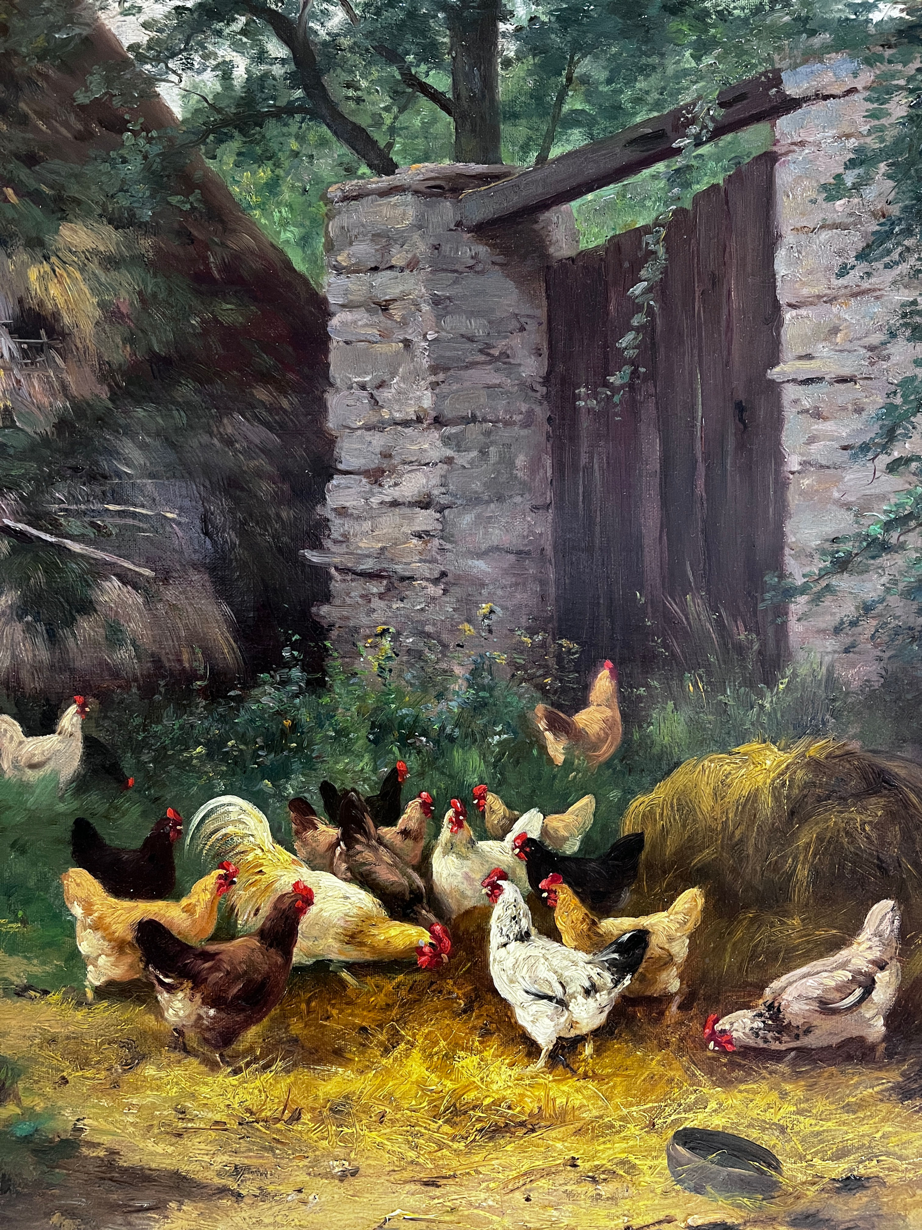 Signed French Oil Painting by J. Leroux – Farmyard with Chickens