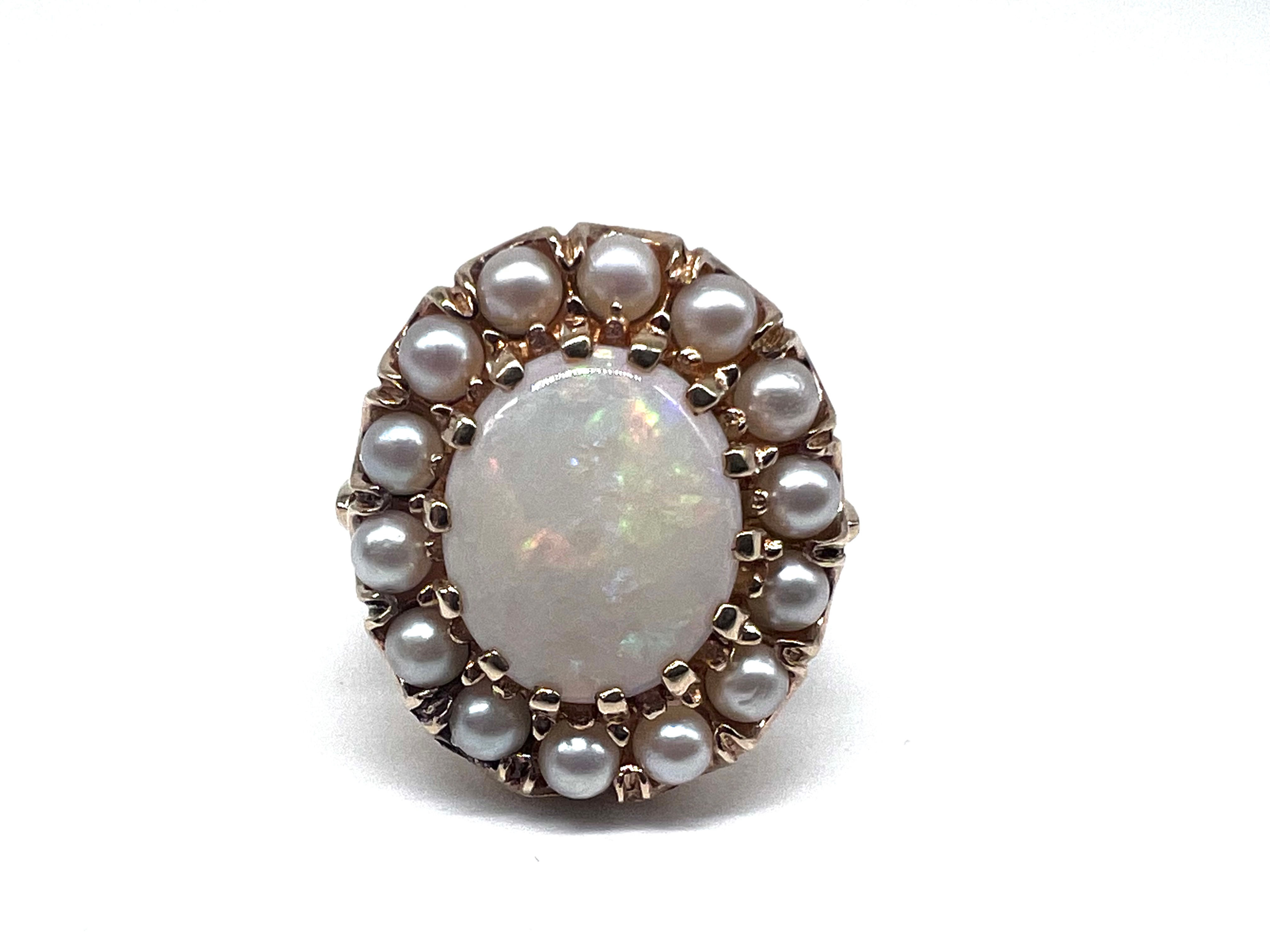 14K Yellow Gold Natural Opal & Seed Pearl Ring