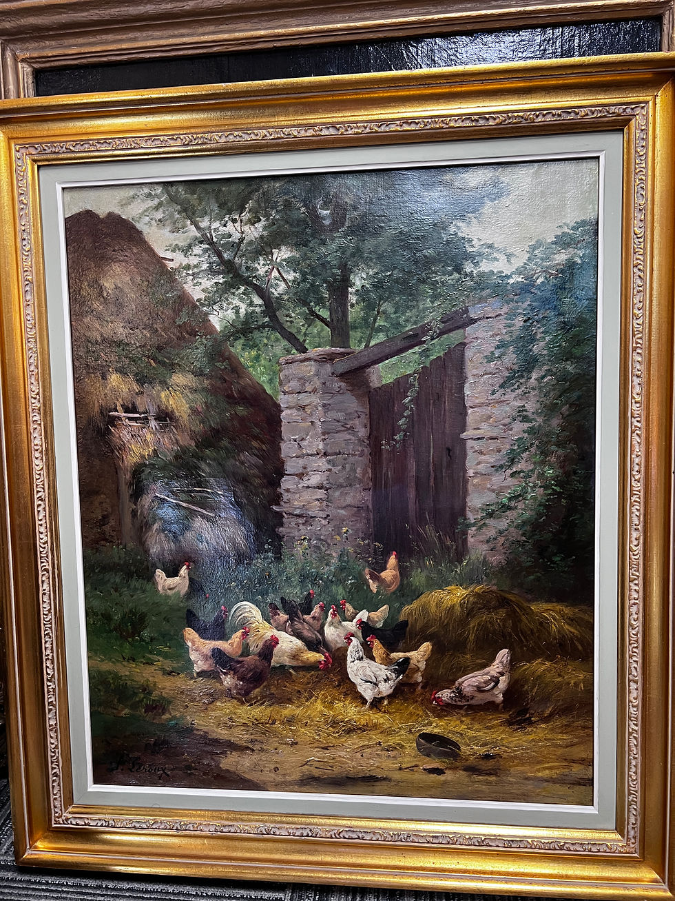 Thumbnail: Signed French Oil Painting by J. Leroux – Farmyard with Chickens