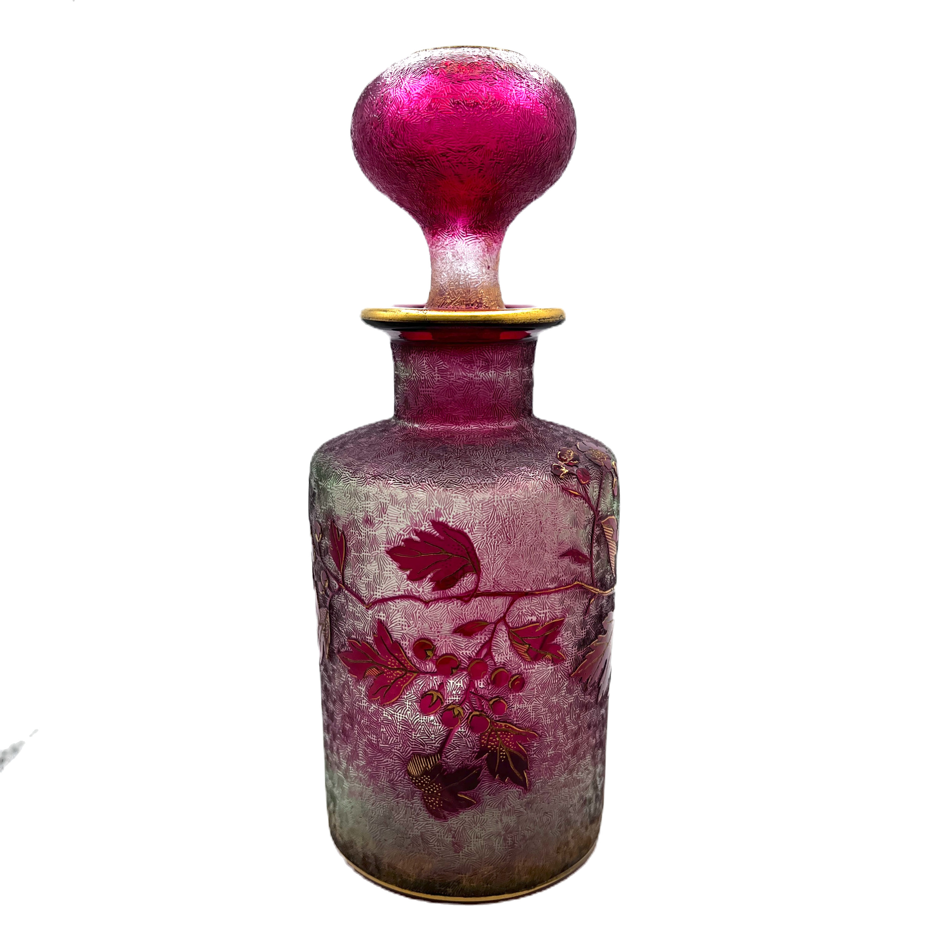 Large French Baccarat Acid etched cranberry glass perfume bottle