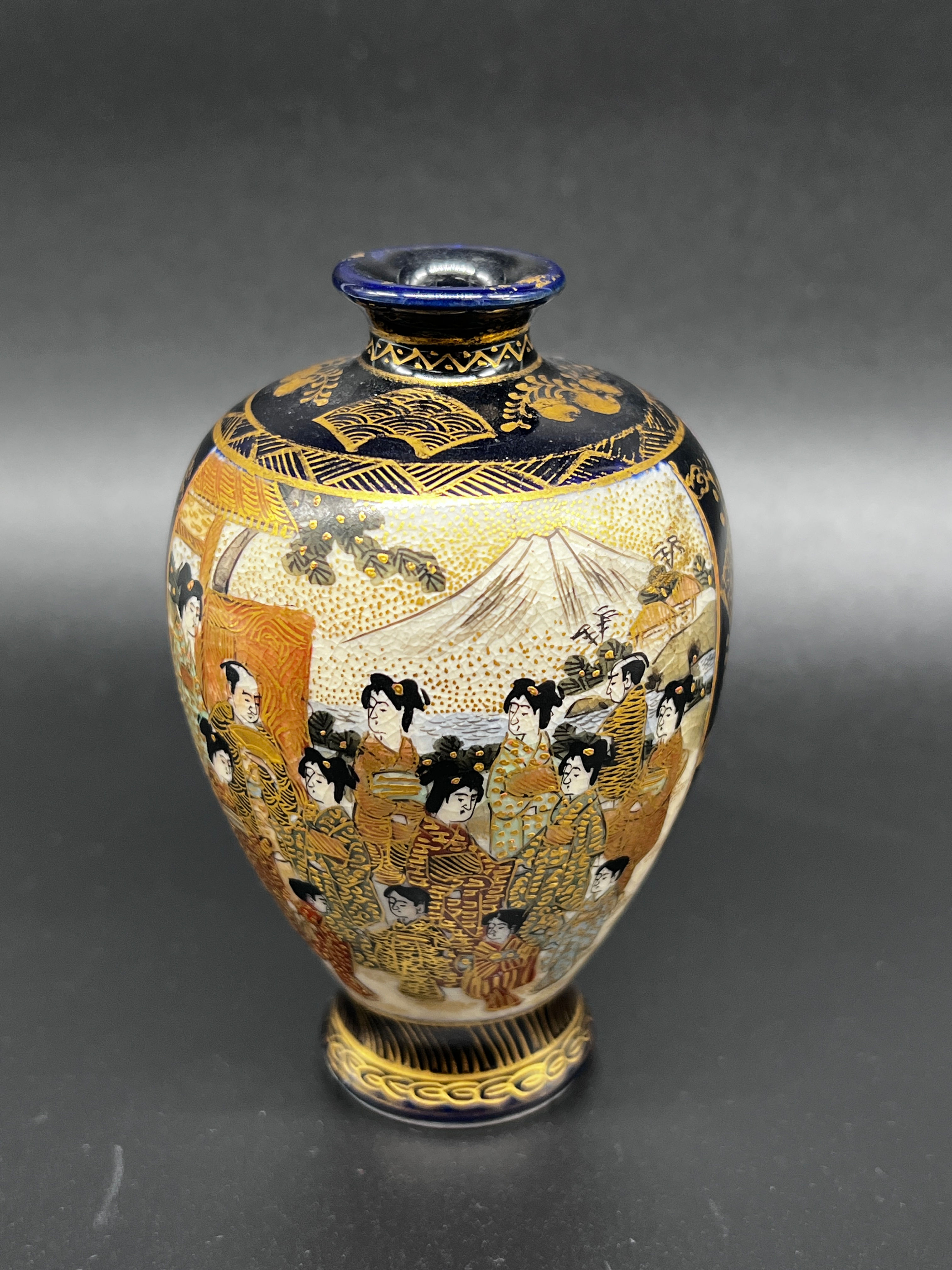 Japanese Satsuma Miniature Vase with Figural Scene & Mount Fuji Decor