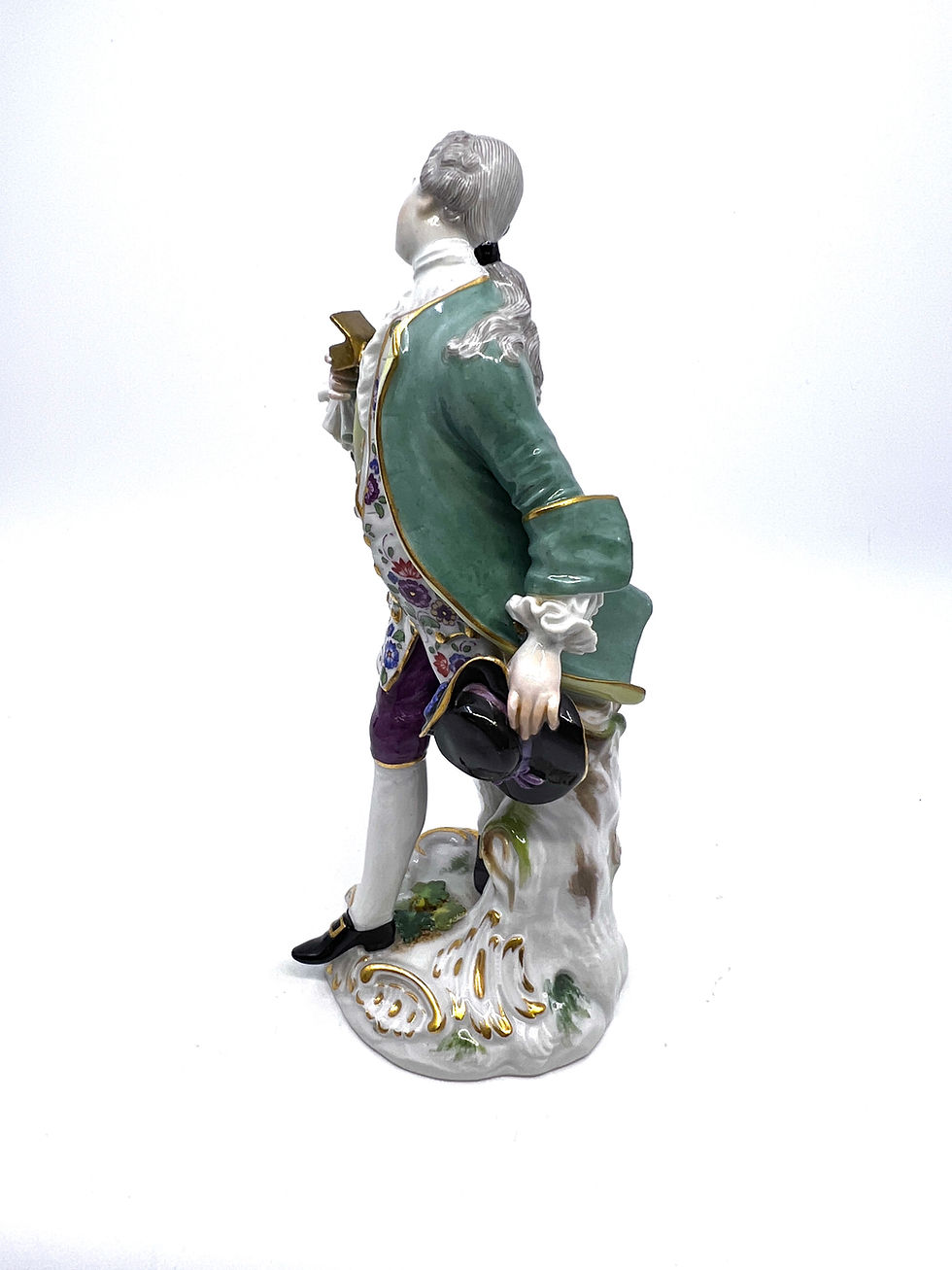Miniature : Meissen German Porcelain man in a green coat with a black hat