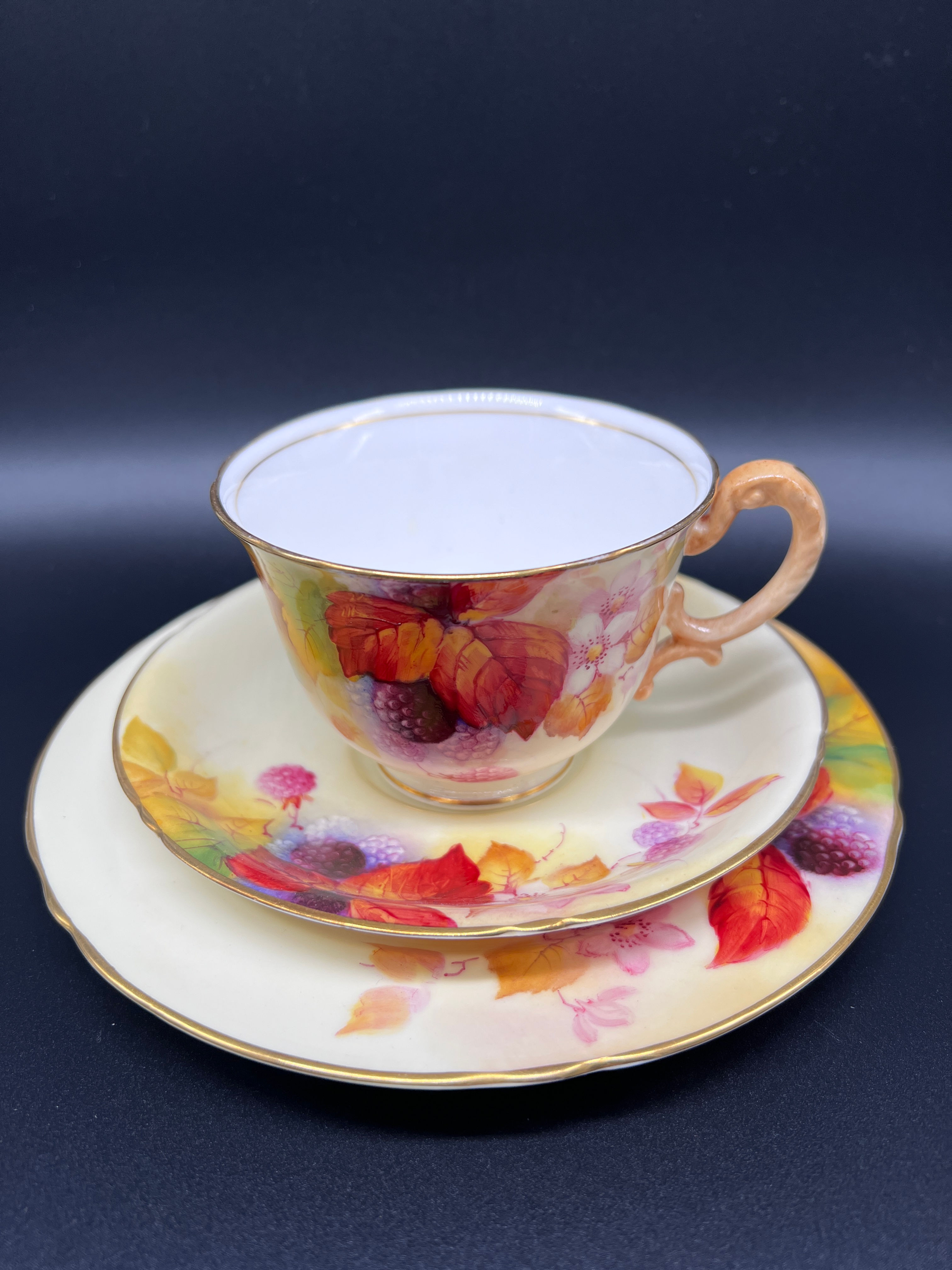 Royal Worcester Hand-Painted Fruit Trio Signed K. Blake – Cup, Saucer & Plate