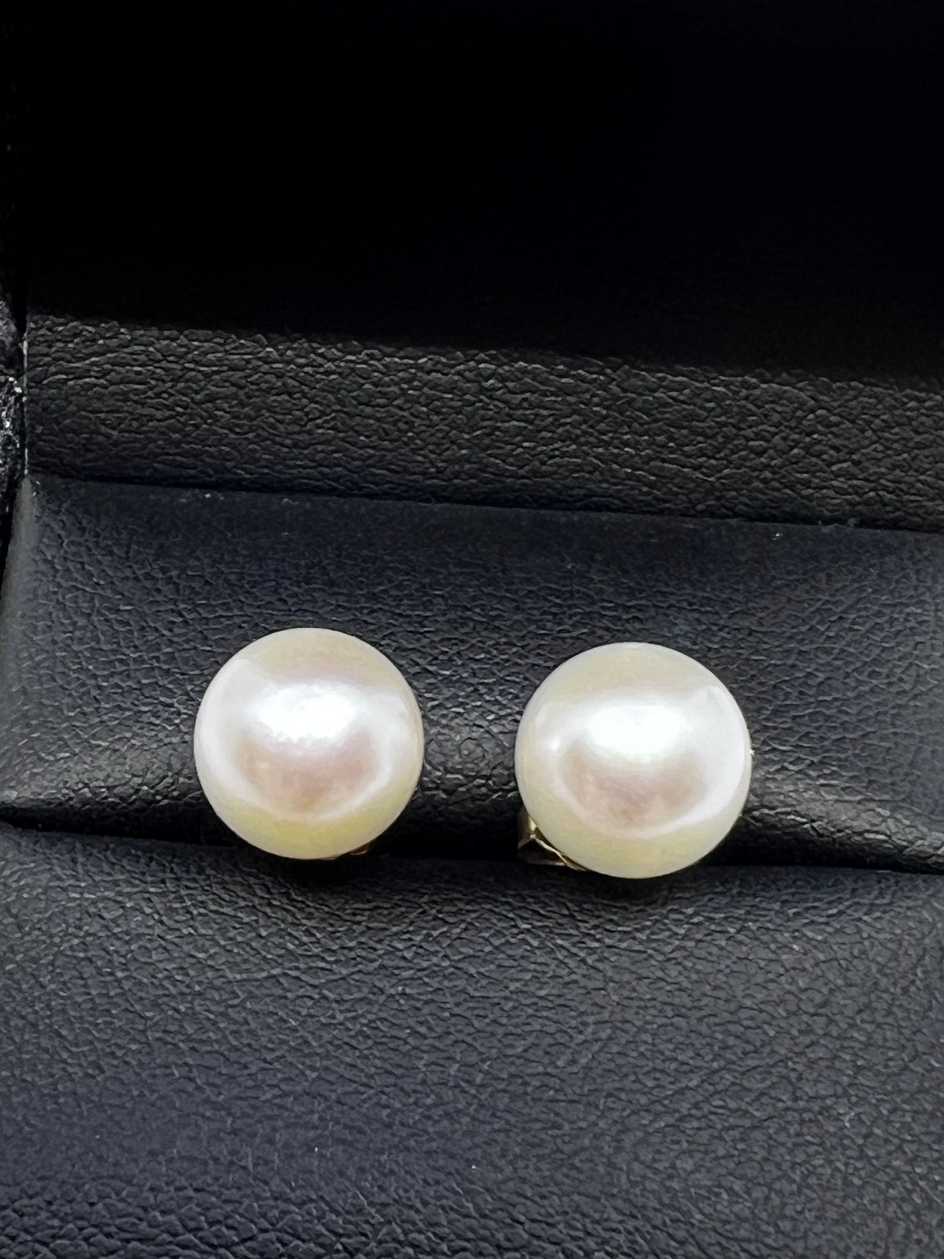 Pair of 9-9.5 white akoya pearl studs set in 14K yellow gold