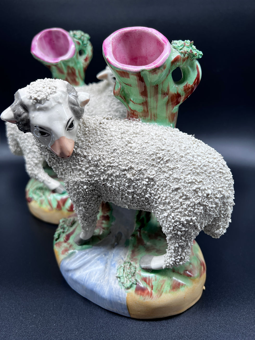 Thumbnail: Pair of Antique English Staffordshire Pottery Sheep Spill Vases