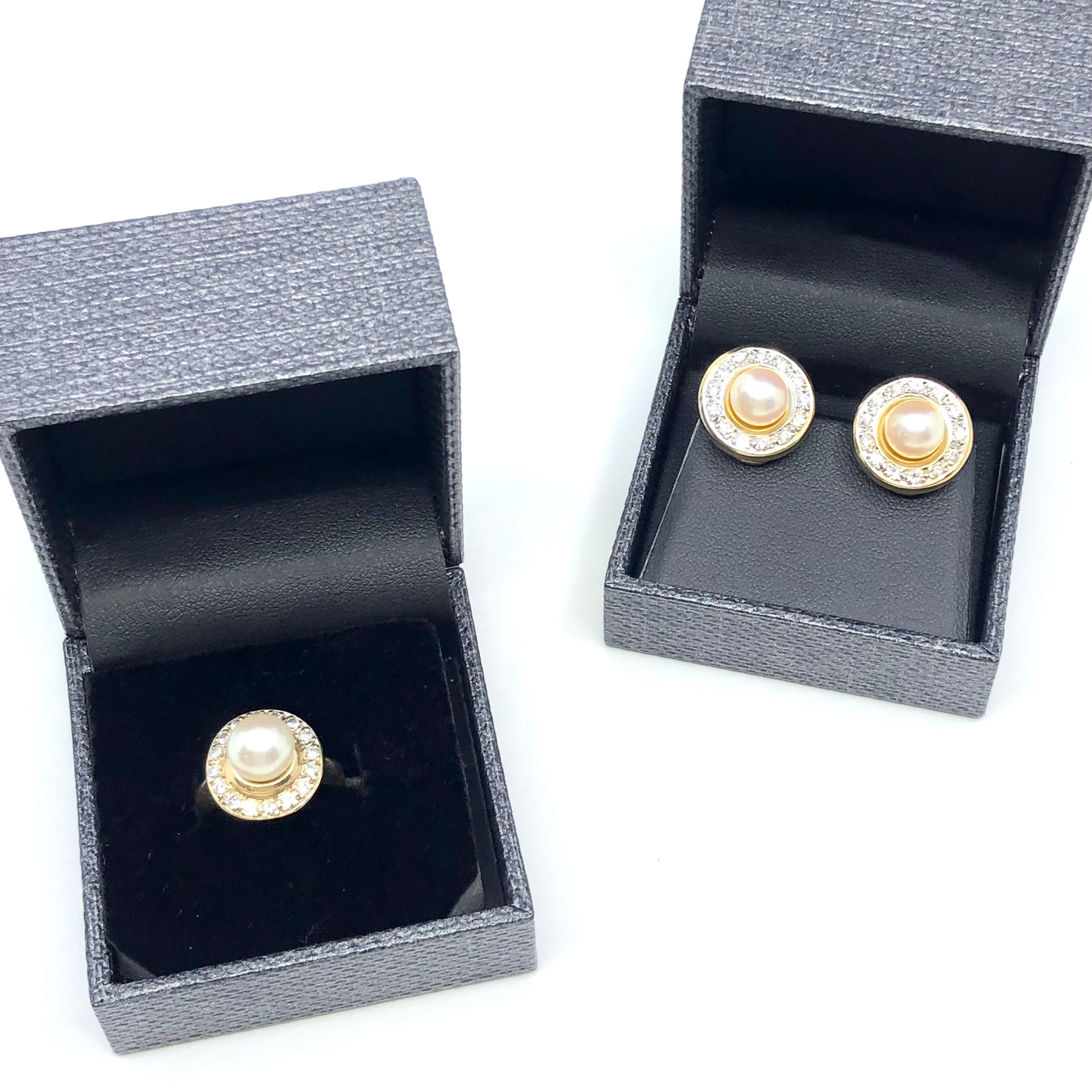 Pearl and Diamond 14K gold ladies ring and earring set