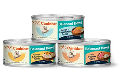 Thumbnail: canidae cat food, balanced bowl, canned cat food, salmon and sweet potato, chicken and pumpkin, tuna and carrots