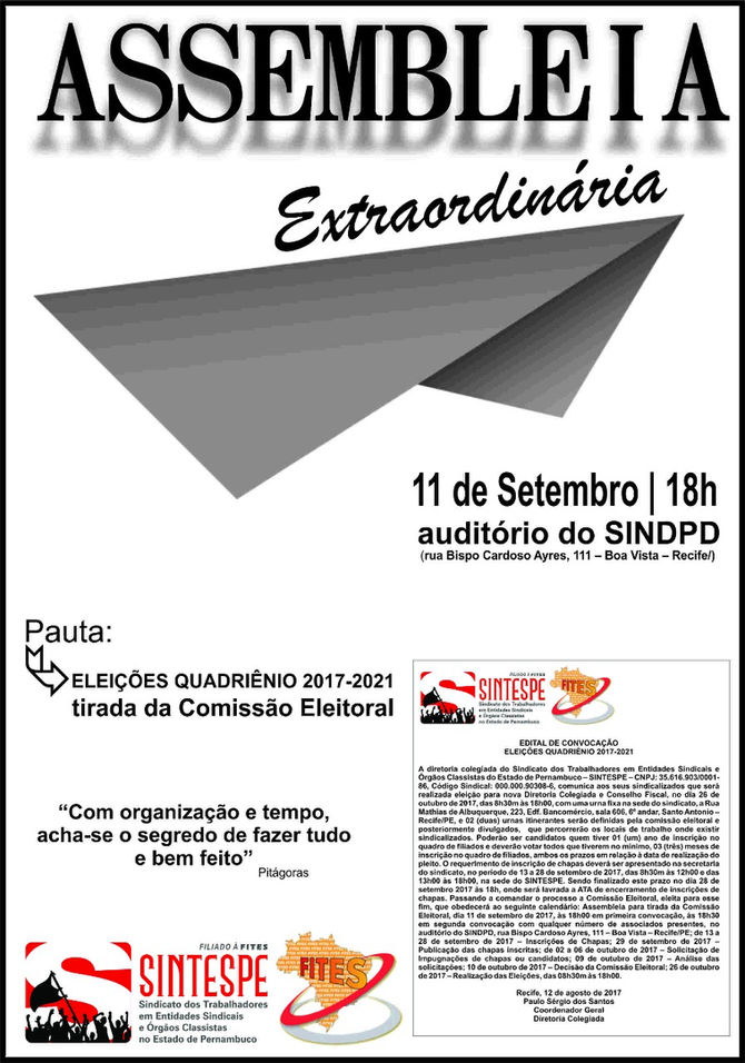 Diretoria convoca para Assembleia Extraordinária, dia 11 de setembro