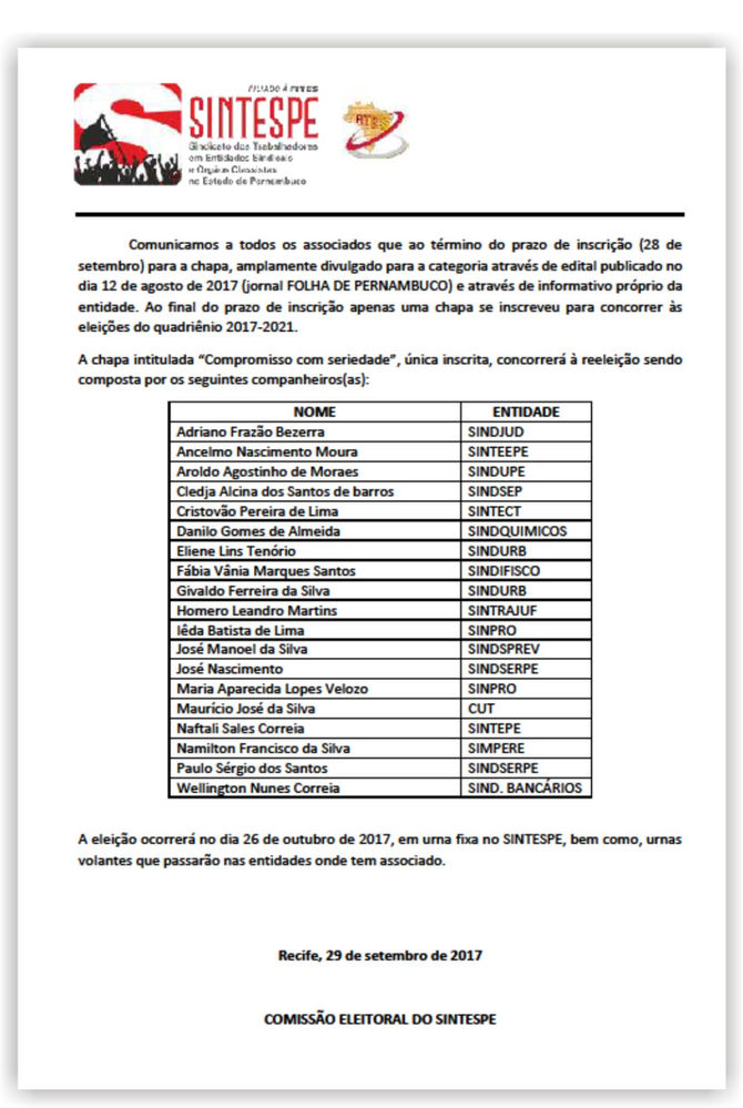 Comunicação de inscrição de chapa