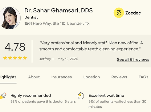 zocdoc high ranking Dr Sahar Ghamsari Noble Dental Leander