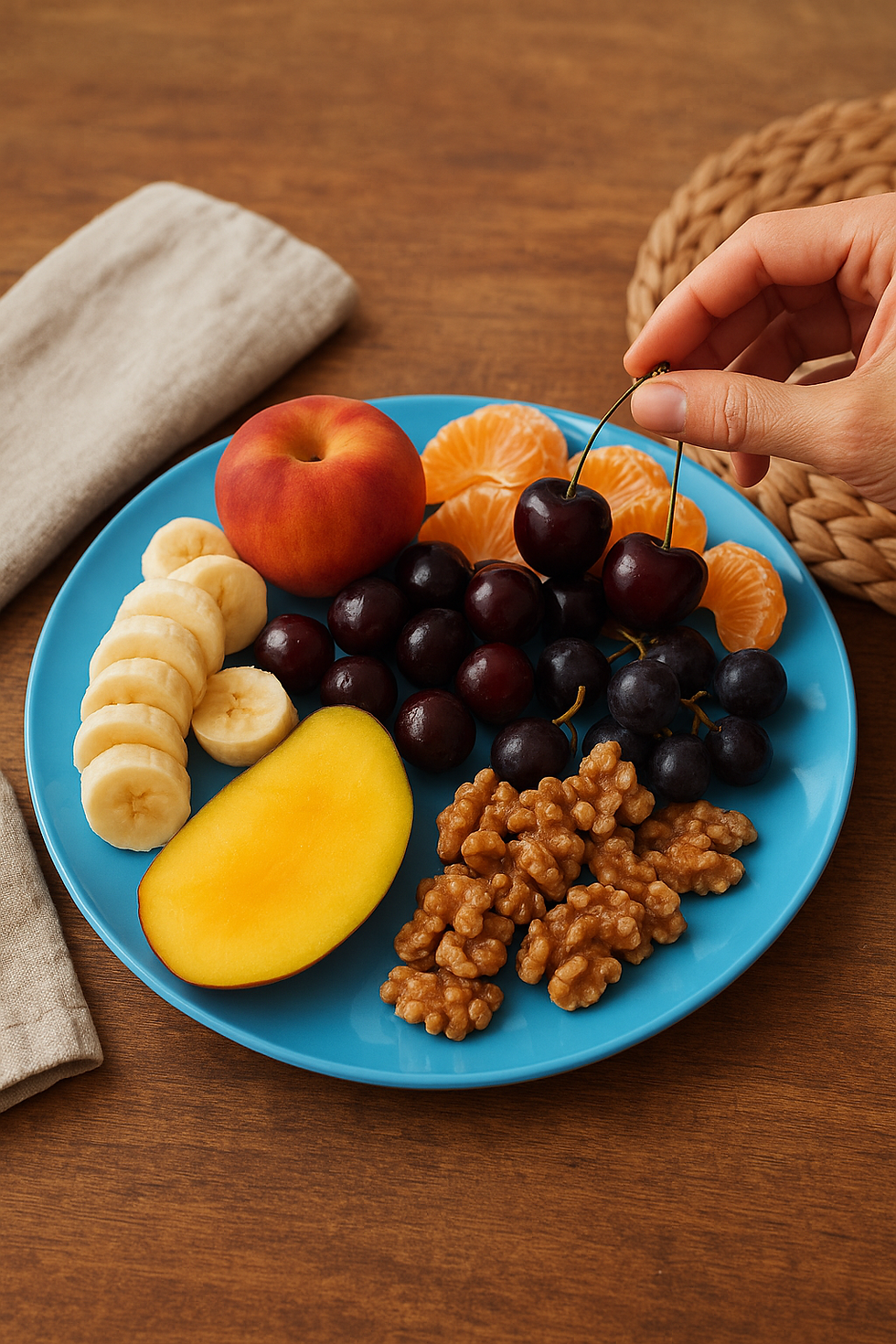 Hand picks cherries from a blue plate with a peach, banana slices, mango, grapes, walnuts, and tangerine slices on a wooden table.
