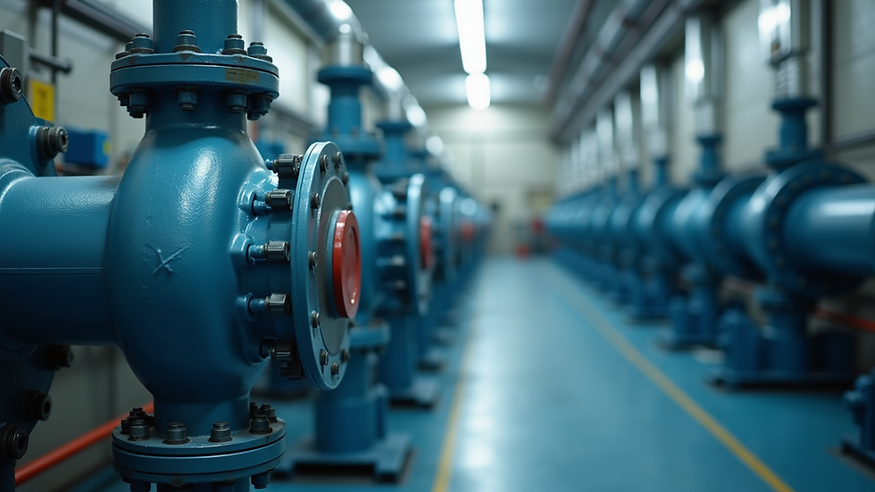 Eye-level view of industrial water treatment pumps with sensors