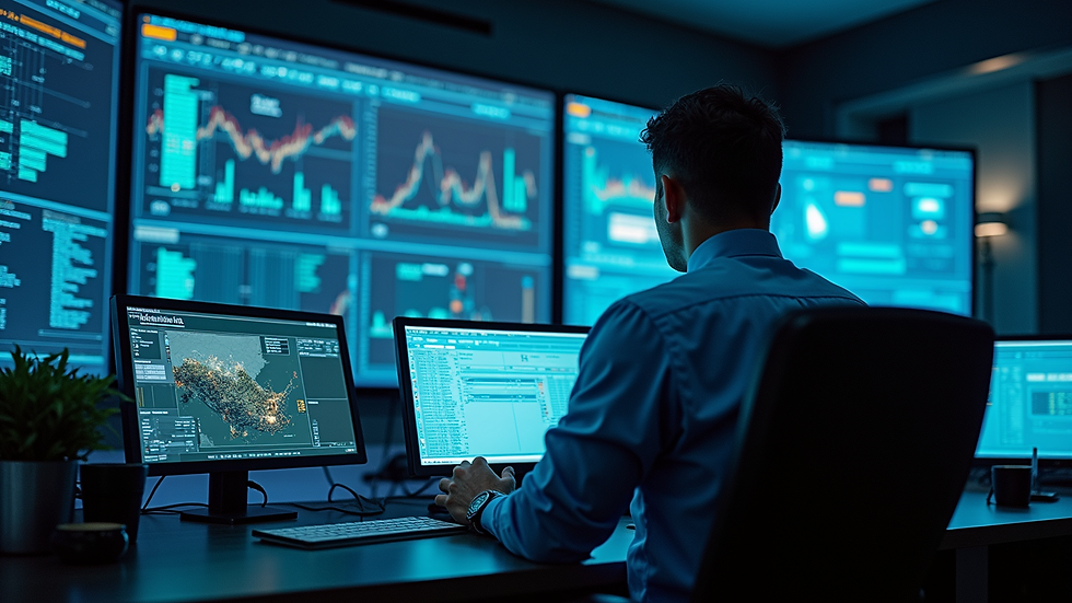 Eye-level view of control room with digital dashboards displaying equipment data