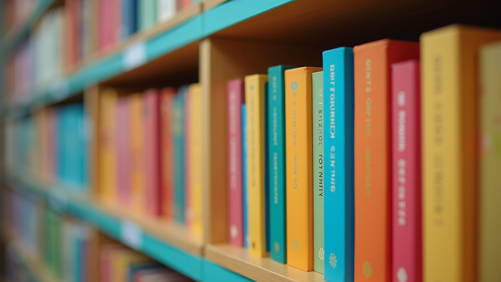 Close-up view of colorful children's books on a shelf